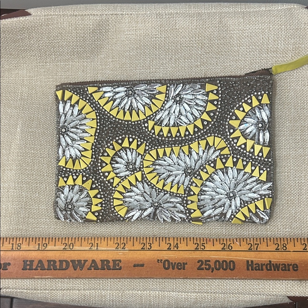Chic Gray and Yellow Patterned Beaded Pouch